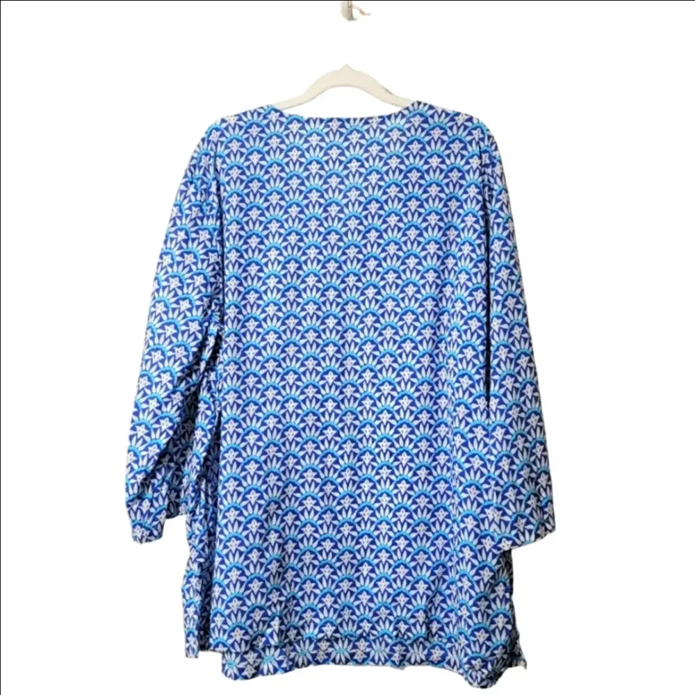 TALBOTS WOMAN 2X Blue White Cotton Scallop Tunic Blouse Top - Picture 2 of 8